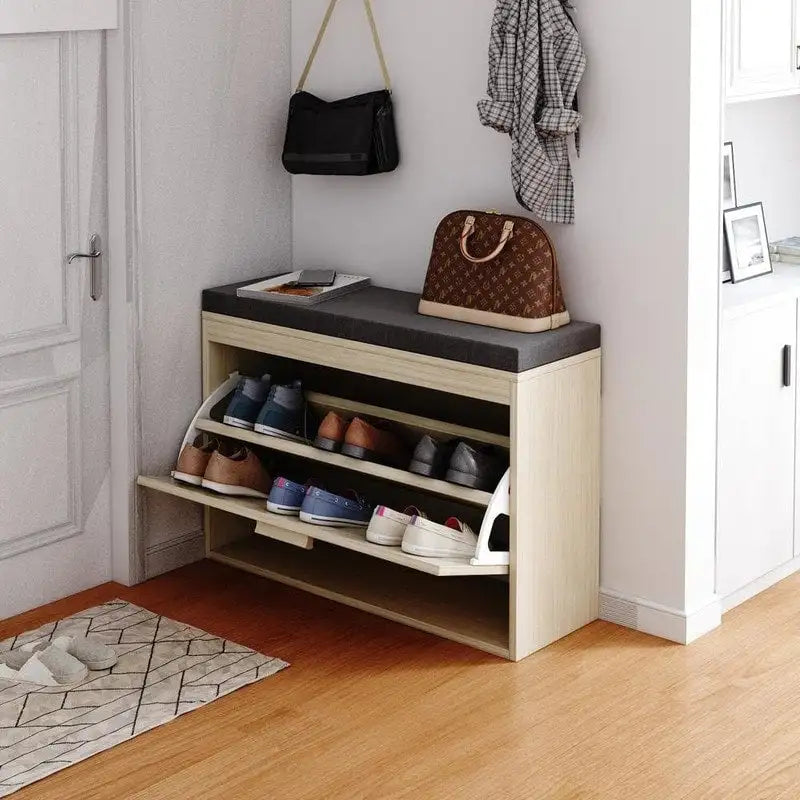 Banc à chaussures en rotin avec tiroir abattant et coussin d'assise