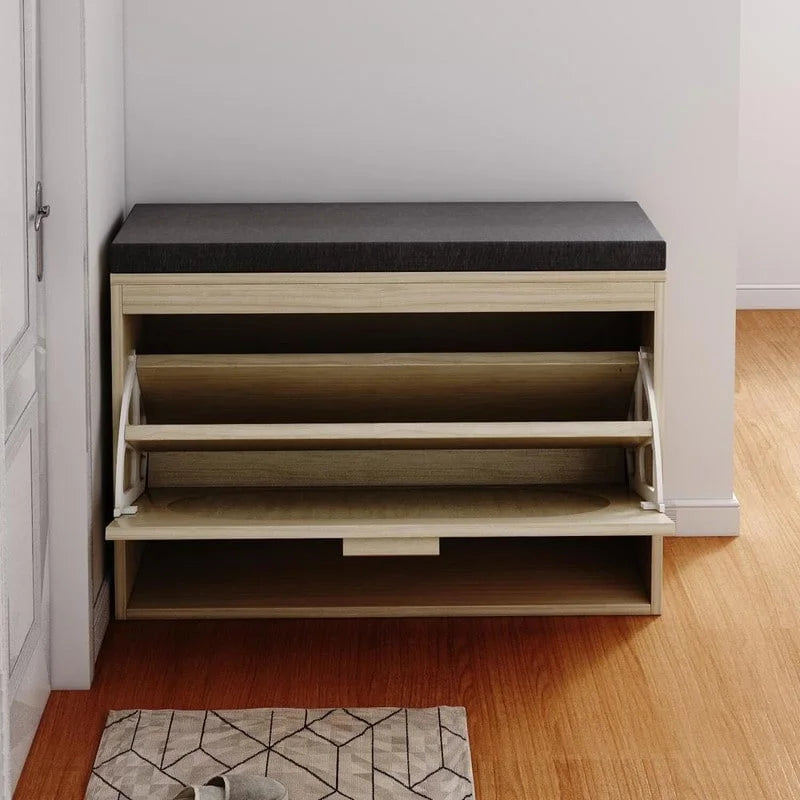 Banc à chaussures en rotin avec tiroir abattant et coussin d'assise