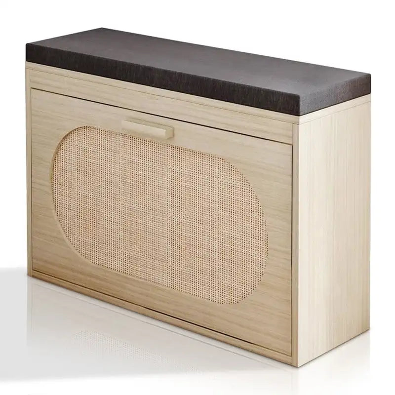 Banc à chaussures en rotin avec tiroir abattant et coussin d'assise