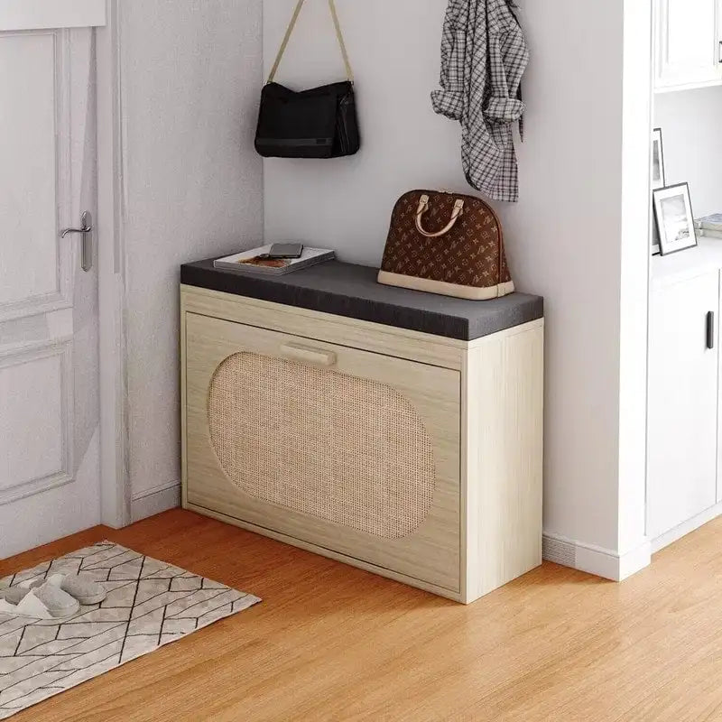 Banc à chaussures en rotin avec tiroir abattant et coussin d'assise