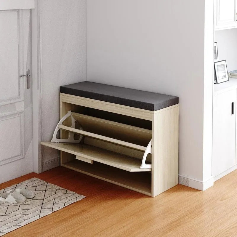 Banc à chaussures en rotin avec tiroir abattant et coussin d'assise