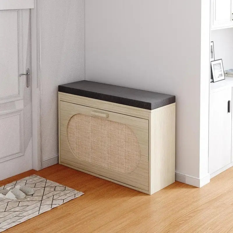 Banc à chaussures en rotin avec tiroir abattant et coussin d'assise