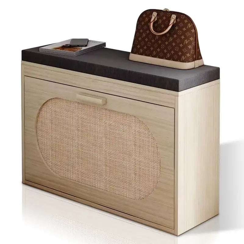Banc à chaussures en rotin avec tiroir abattant et coussin d'assise