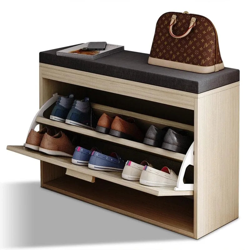 Banc à chaussures en rotin avec tiroir abattant et coussin d'assise