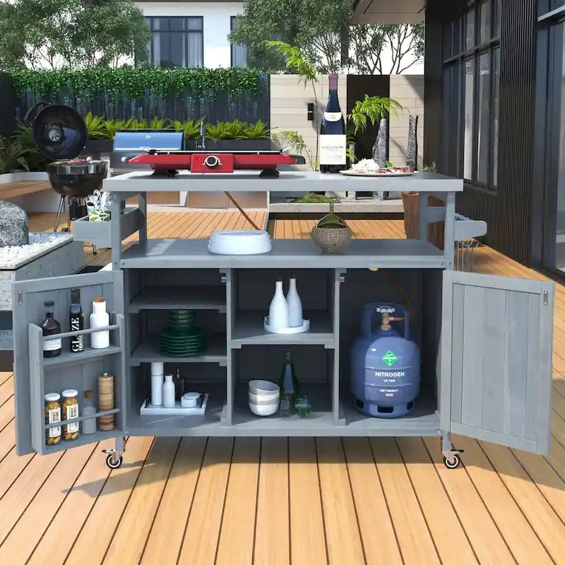 Dessertes de barbecue d'extérieur en bois massif avec plateau en acier inoxydable de 127,63 cm