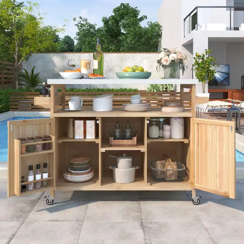 Dessertes de barbecue d'extérieur en bois massif avec plateau en acier inoxydable de 127,63 cm