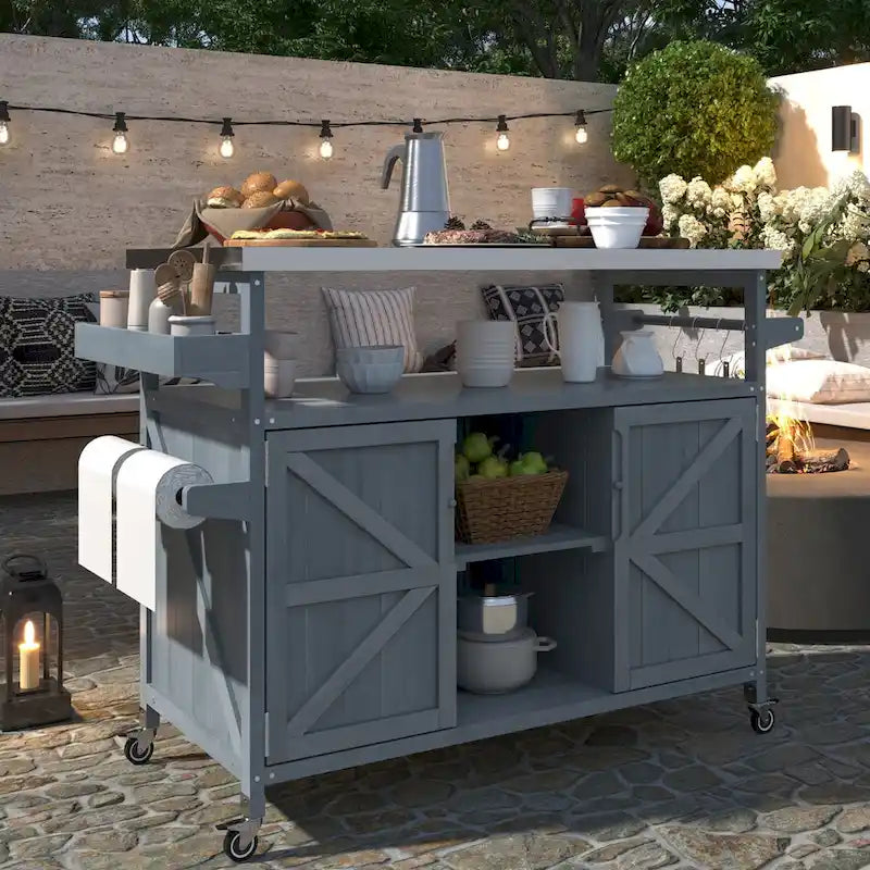 Dessertes de barbecue d'extérieur en bois massif avec plateau en acier inoxydable de 127,63 cm