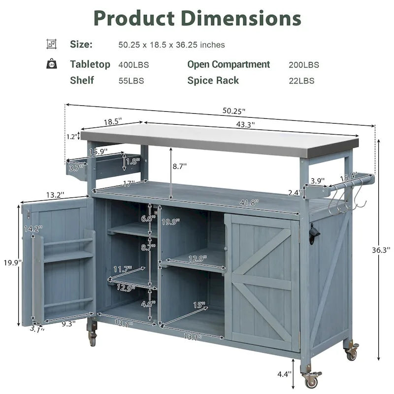 Dessertes de barbecue d'extérieur en bois massif avec plateau en acier inoxydable de 127,63 cm