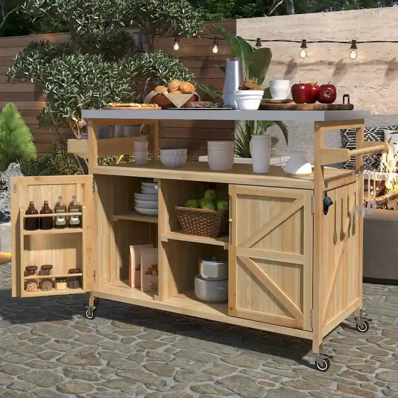 Dessertes de barbecue d'extérieur en bois massif avec plateau en acier inoxydable de 127,63 cm