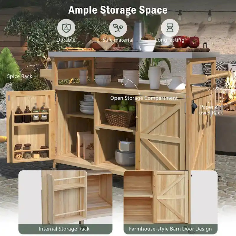 Dessertes de barbecue d'extérieur en bois massif avec plateau en acier inoxydable de 127,63 cm