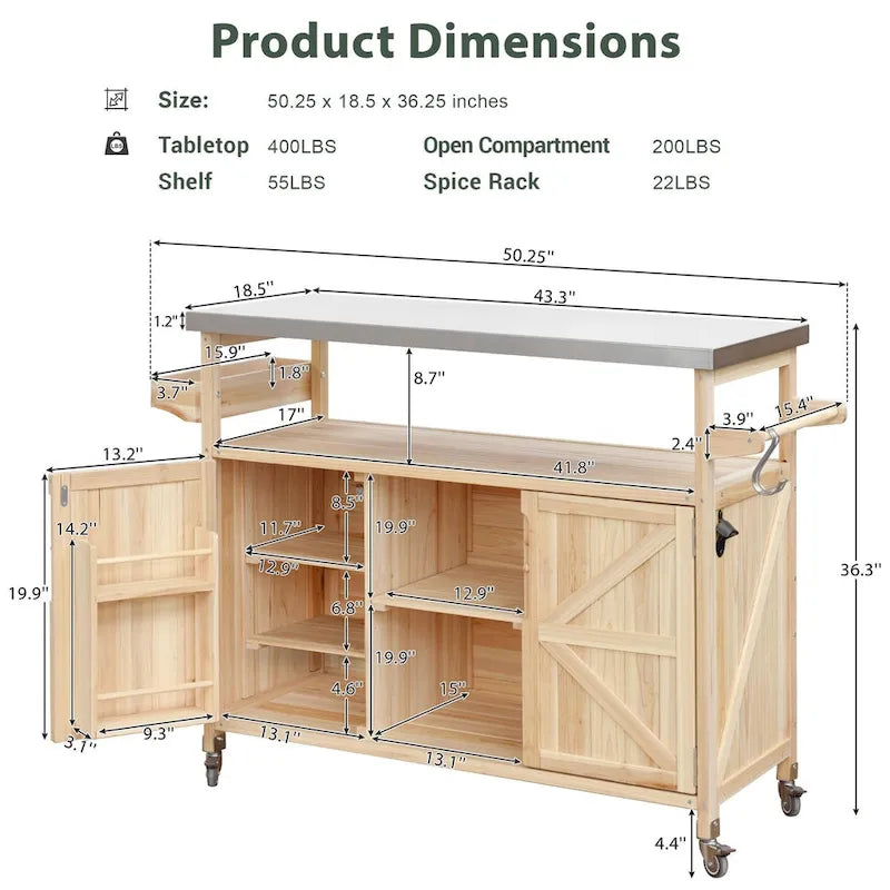 Dessertes de barbecue d'extérieur en bois massif avec plateau en acier inoxydable de 127,63 cm