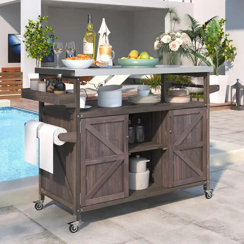 Dessertes de barbecue d'extérieur en bois massif avec plateau en acier inoxydable de 127,63 cm