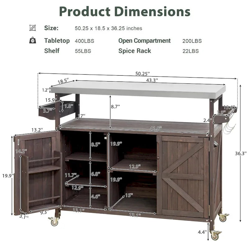 Dessertes de barbecue d'extérieur en bois massif avec plateau en acier inoxydable de 127,63 cm