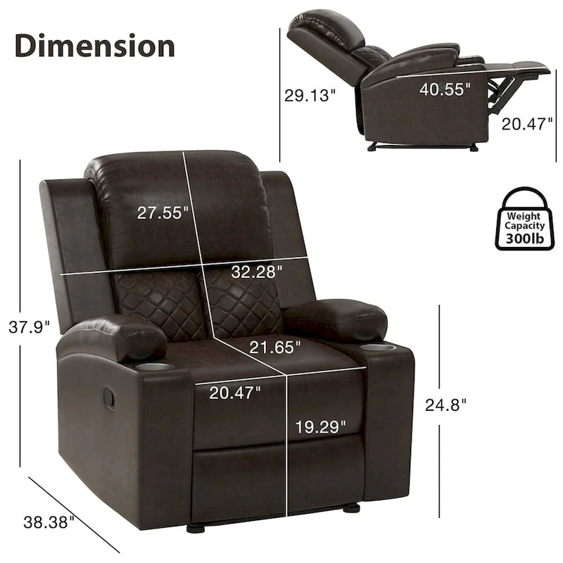Fauteuil inclinable manuel avec dossier et accoudoirs surdimensionnés