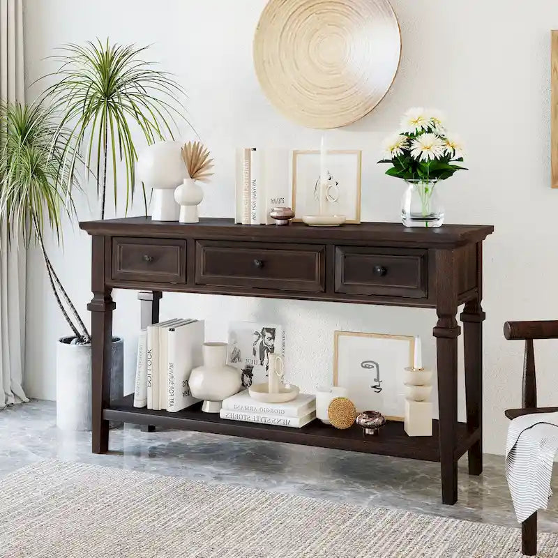 Console classique avec 3 tiroirs supérieurs et étagère inférieure ouverte