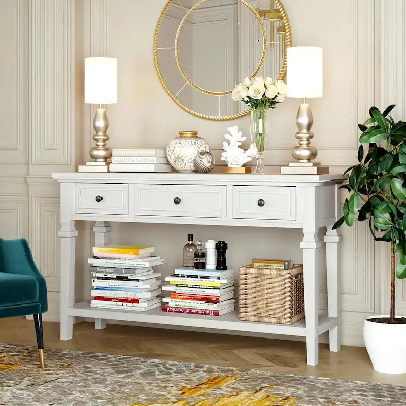 Console classique avec 3 tiroirs supérieurs et étagère inférieure ouverte