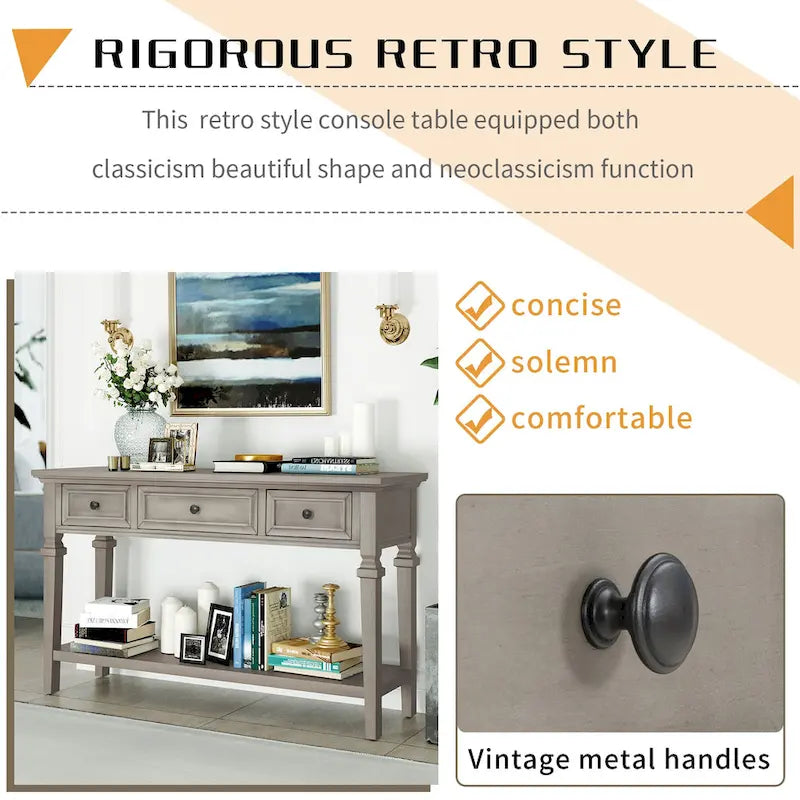 Console classique avec 3 tiroirs supérieurs et étagère inférieure ouverte