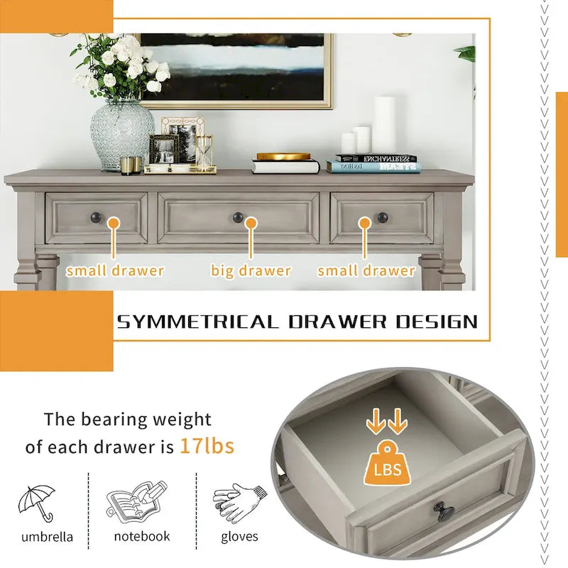 Console classique avec 3 tiroirs supérieurs et étagère inférieure ouverte