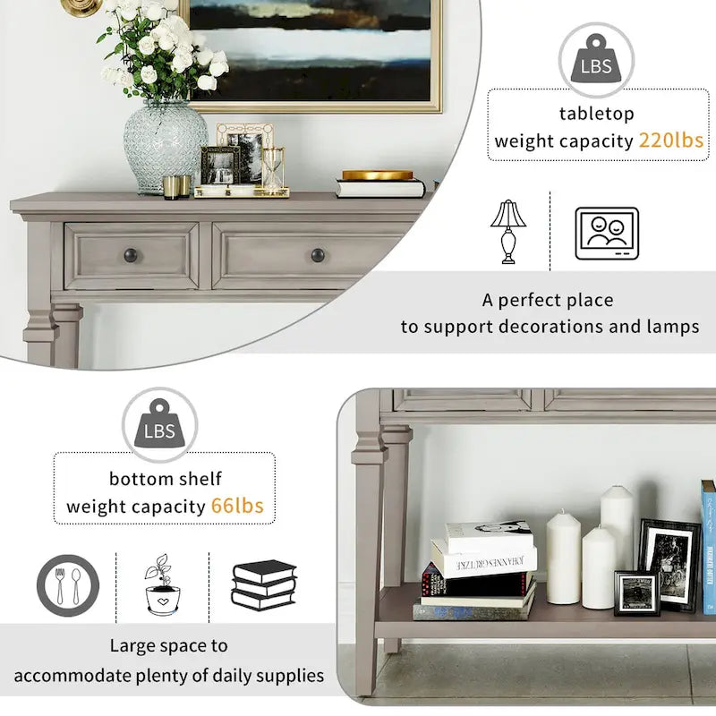 Console classique avec 3 tiroirs supérieurs et étagère inférieure ouverte