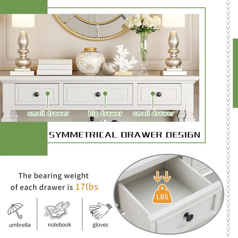 Console classique avec 3 tiroirs supérieurs et étagère inférieure ouverte