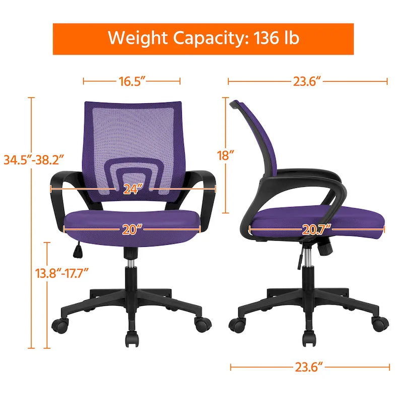 Chaise de bureau ergonomique pivotante à dossier mi-hauteur en maille réglable