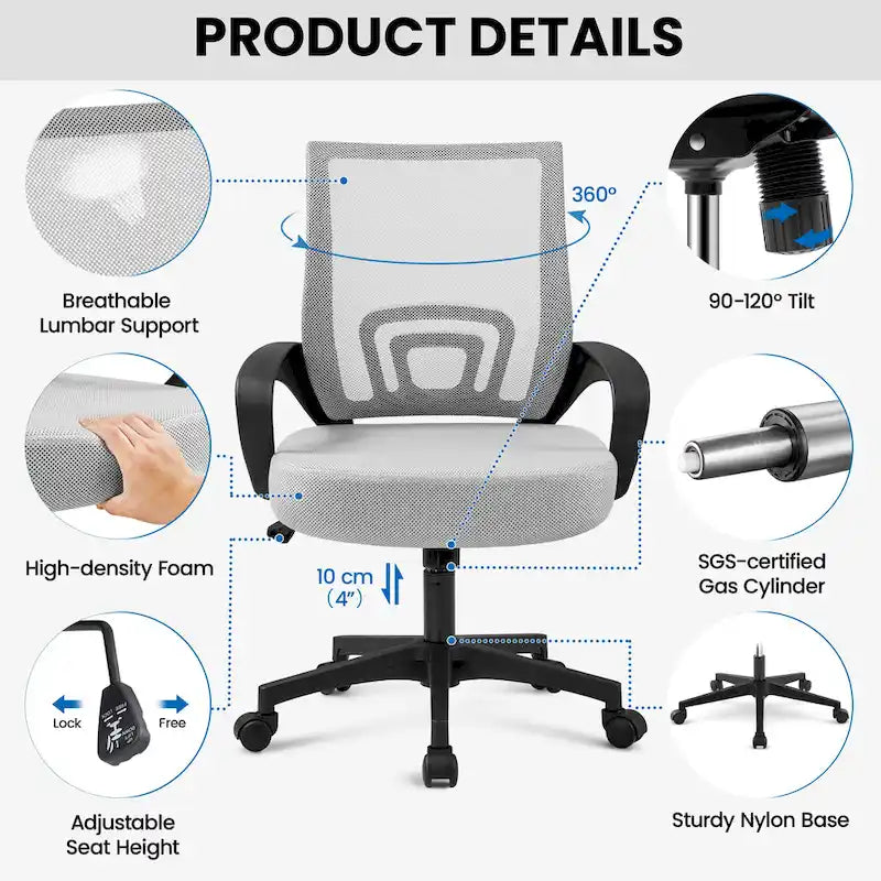 Chaise de bureau ergonomique pivotante à dossier mi-hauteur en maille réglable