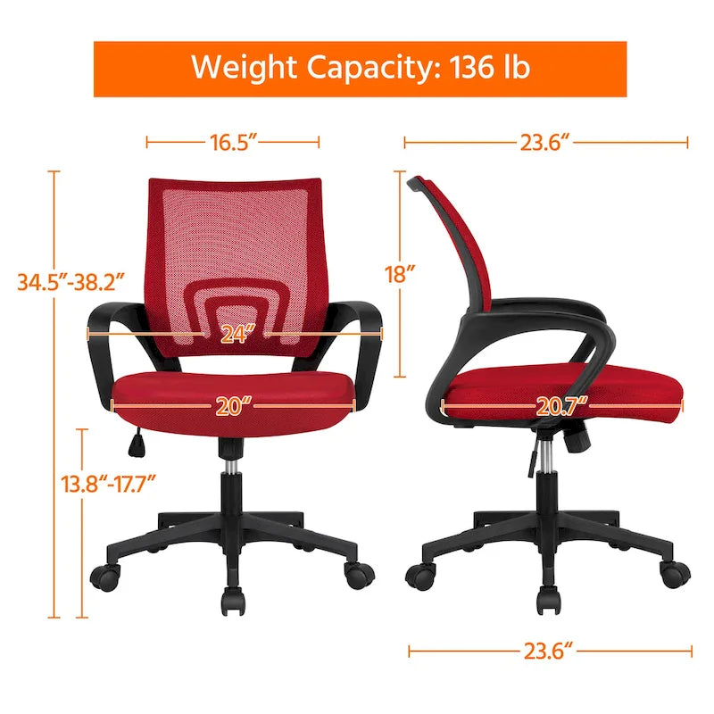 Chaise de bureau ergonomique pivotante à dossier mi-hauteur en maille réglable