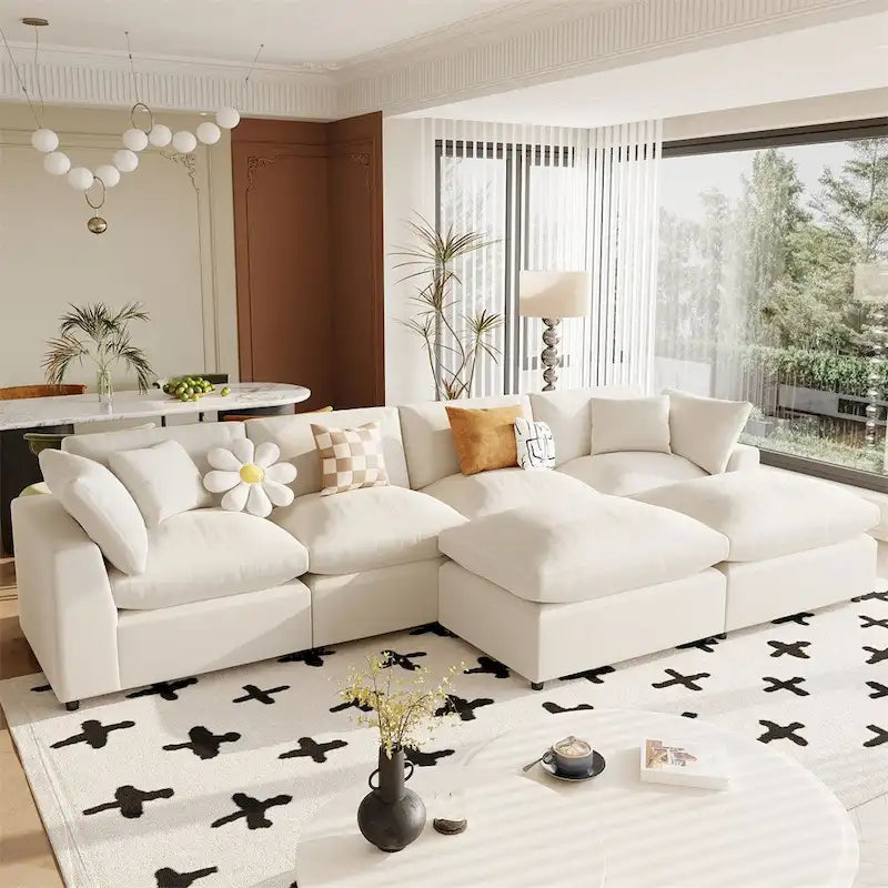 Canapé d'angle moderne en U avec 2 grandes méridiennes et poufs amovibles