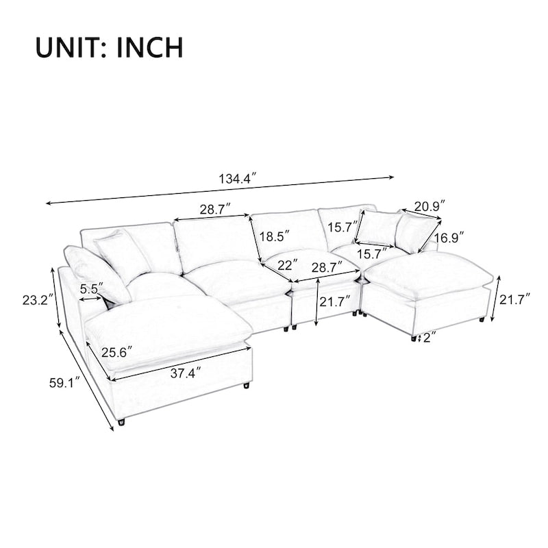 Canapé d'angle moderne en U avec 2 grandes méridiennes et poufs amovibles