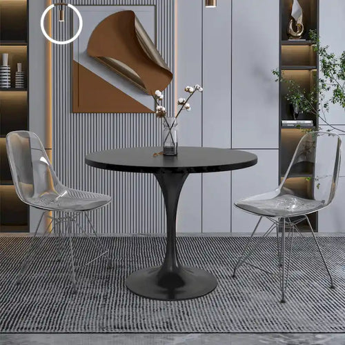 LeisureMod Verve 36 Round Dining Table with MDF Wood TableTop and Black Steel Base for Kitchen & Dining Room