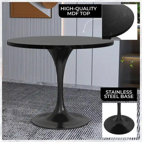 Table à manger ronde de 36 po avec plateau en bois MDF et base en acier noir pour cuisine et salle à manger