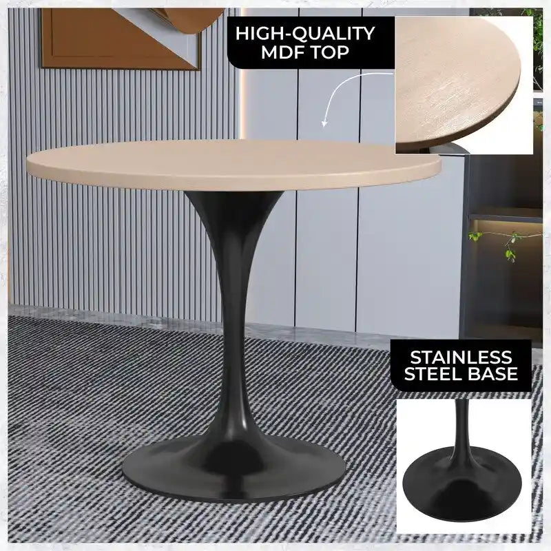 Table à manger ronde de 36 po avec plateau en bois MDF et base en acier noir pour cuisine et salle à manger