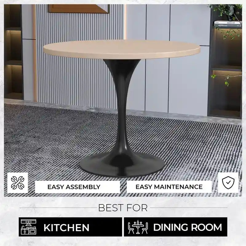 Table à manger ronde de 36 po avec plateau en bois MDF et base en acier noir pour cuisine et salle à manger