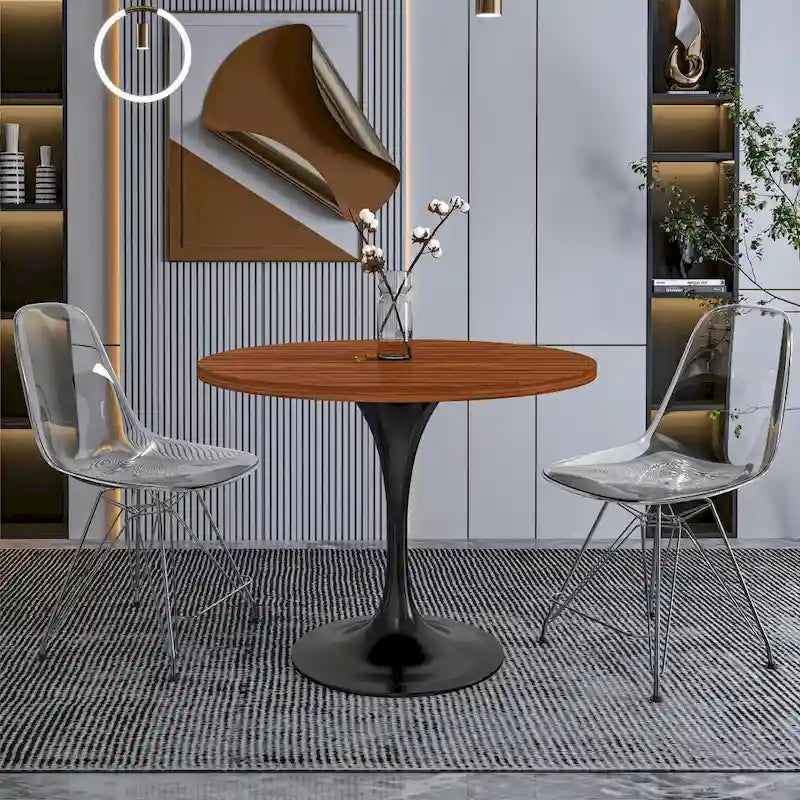 Table à manger ronde de 36 po avec plateau en bois MDF et base en acier noir pour cuisine et salle à manger