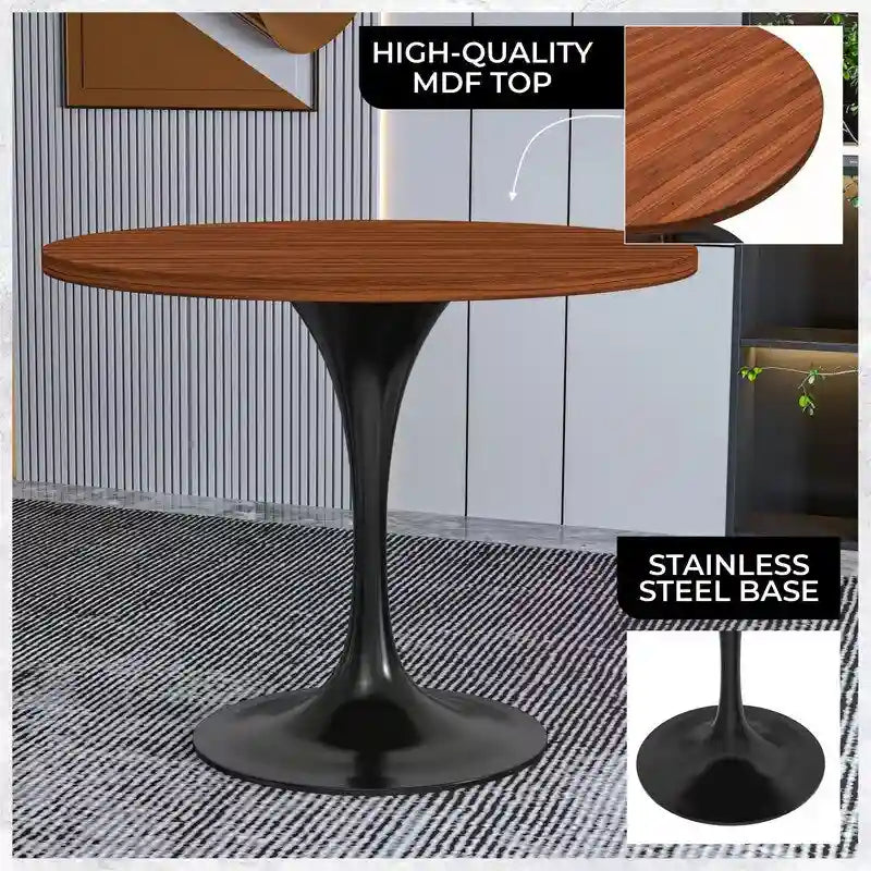 Table à manger ronde de 36 po avec plateau en bois MDF et base en acier noir pour cuisine et salle à manger