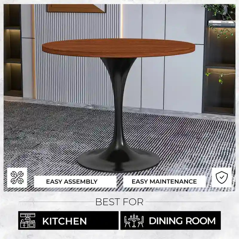 Table à manger ronde de 36 po avec plateau en bois MDF et base en acier noir pour cuisine et salle à manger