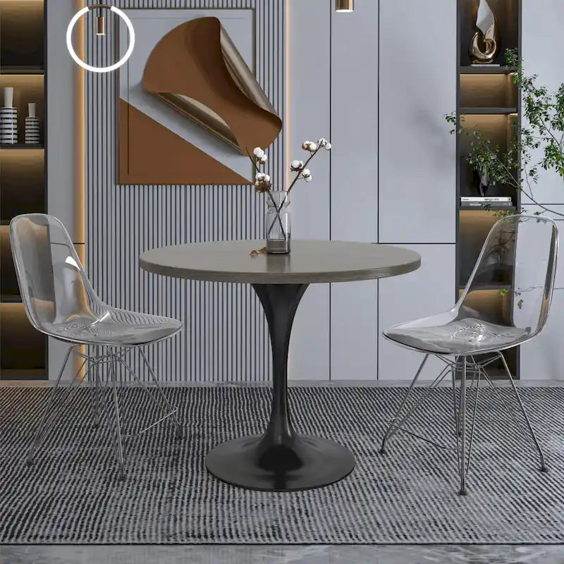 Table à manger ronde de 36 po avec plateau en bois MDF et base en acier noir pour cuisine et salle à manger