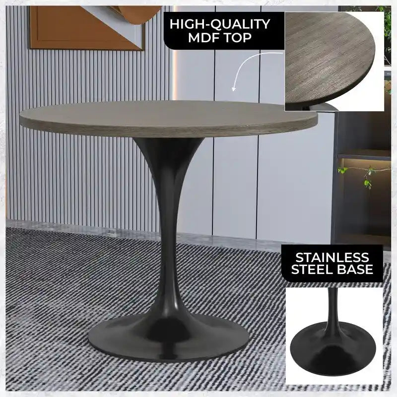 Table à manger ronde de 36 po avec plateau en bois MDF et base en acier noir pour cuisine et salle à manger