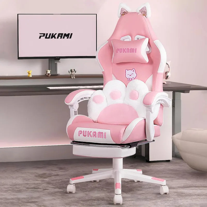 Chaise de jeu avec oreilles de chat et coussin patte de chat, chaise d'ordinateur inclinable mignonne Kawaii pour filles avec repose-pieds