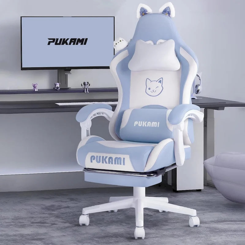 Chaise de jeu avec oreilles de chat et coussin patte de chat, chaise d'ordinateur inclinable mignonne Kawaii pour filles avec repose-pieds