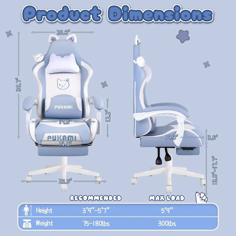 Chaise de jeu avec oreilles de chat et coussin patte de chat, chaise d'ordinateur inclinable mignonne Kawaii pour filles avec repose-pieds