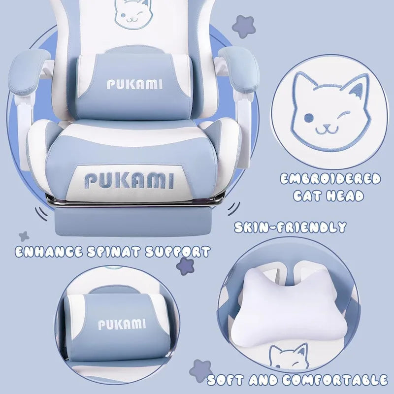 Chaise de jeu avec oreilles de chat et coussin patte de chat, chaise d'ordinateur inclinable mignonne Kawaii pour filles avec repose-pieds