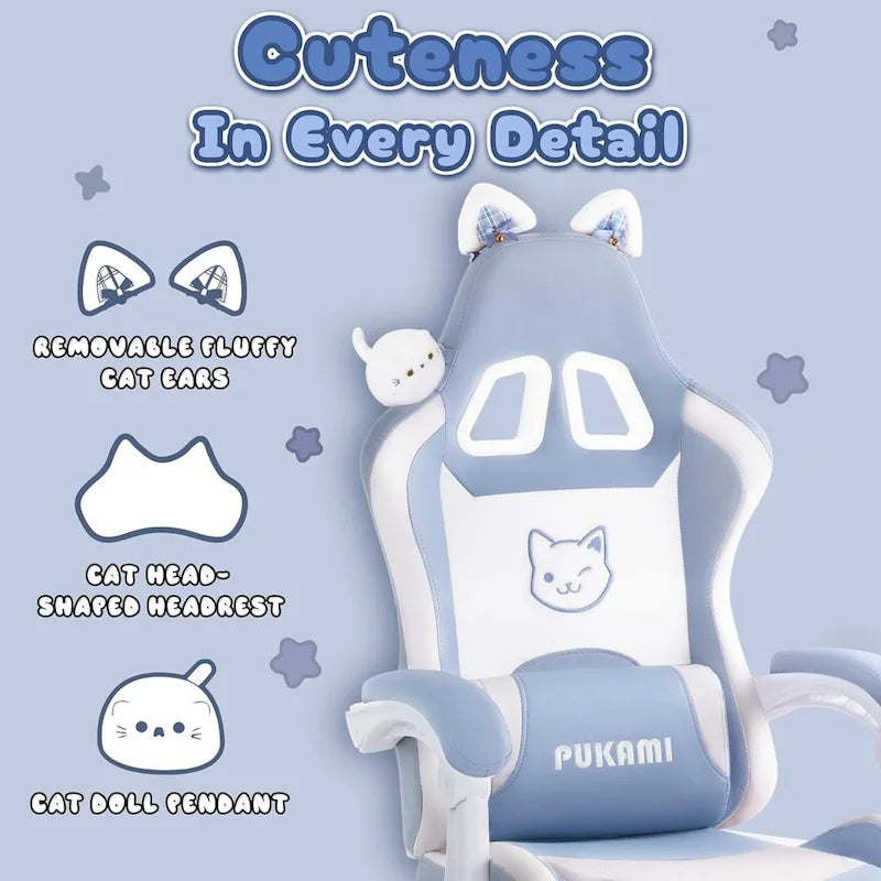 Chaise de jeu avec oreilles de chat et coussin patte de chat, chaise d'ordinateur inclinable mignonne Kawaii pour filles avec repose-pieds