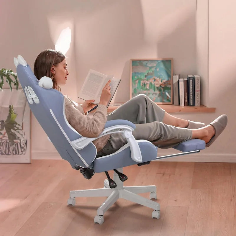 Chaise de jeu avec oreilles de chat et coussin patte de chat, chaise d'ordinateur inclinable mignonne Kawaii pour filles avec repose-pieds
