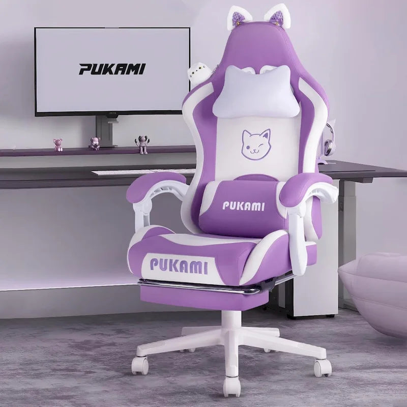 Chaise de jeu avec oreilles de chat et coussin patte de chat, chaise d'ordinateur inclinable mignonne Kawaii pour filles avec repose-pieds