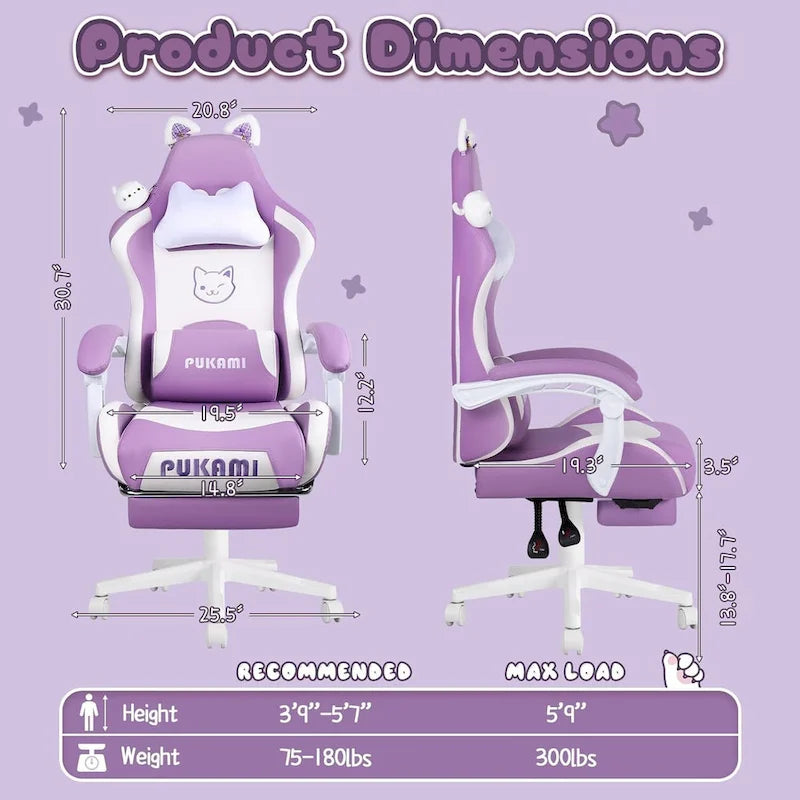 Chaise de jeu avec oreilles de chat et coussin patte de chat, chaise d'ordinateur inclinable mignonne Kawaii pour filles avec repose-pieds