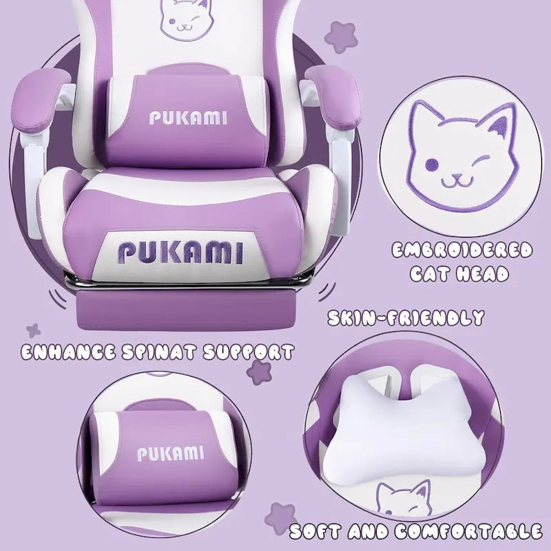 Chaise de jeu avec oreilles de chat et coussin patte de chat, chaise d'ordinateur inclinable mignonne Kawaii pour filles avec repose-pieds