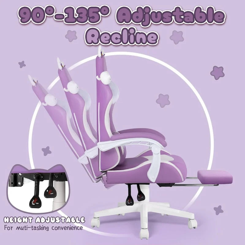 Chaise de jeu avec oreilles de chat et coussin patte de chat, chaise d'ordinateur inclinable mignonne Kawaii pour filles avec repose-pieds