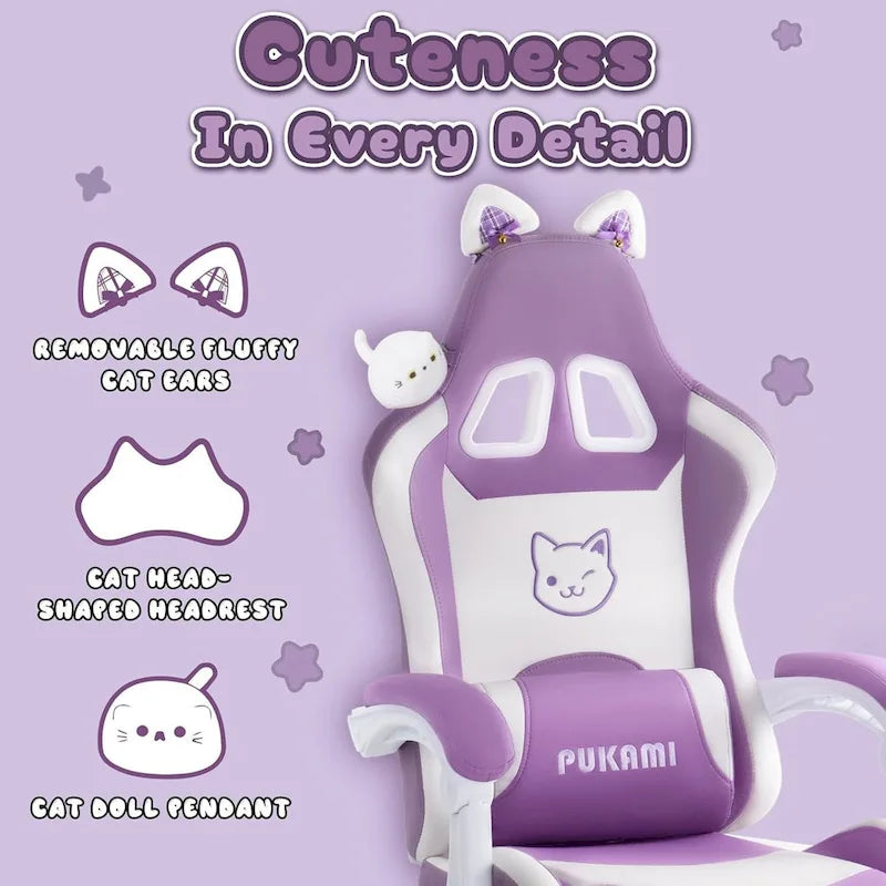 Chaise de jeu avec oreilles de chat et coussin patte de chat, chaise d'ordinateur inclinable mignonne Kawaii pour filles avec repose-pieds