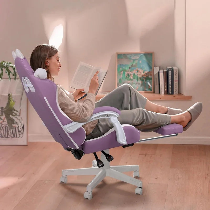 Chaise de jeu avec oreilles de chat et coussin patte de chat, chaise d'ordinateur inclinable mignonne Kawaii pour filles avec repose-pieds
